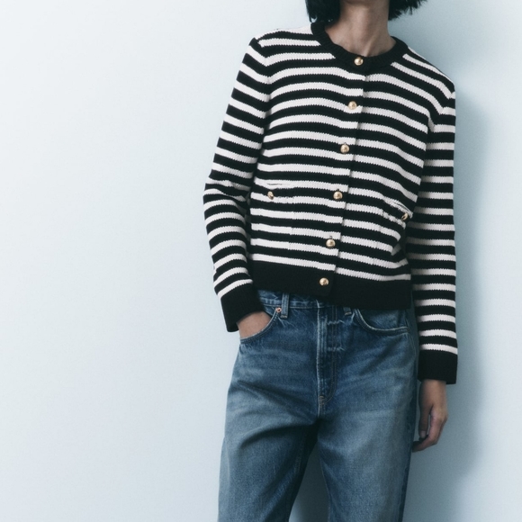 New Zara Striped Knit Cardigan With Gold Buttons - Picture 5 of 14